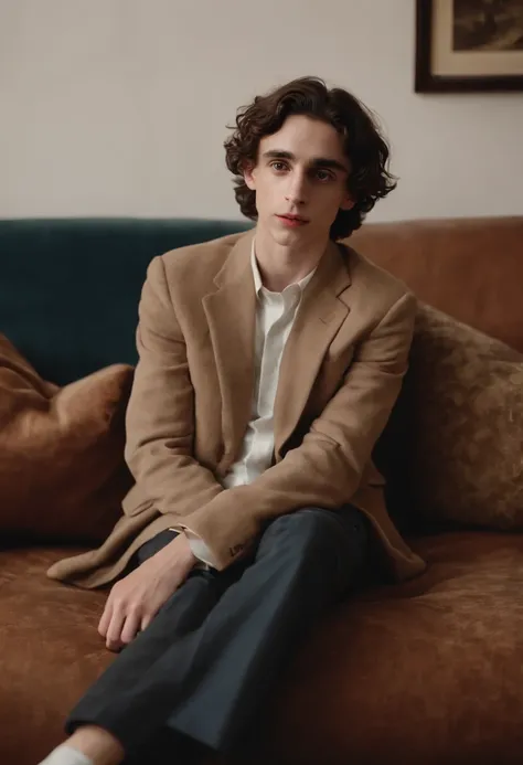 Very very high quality and very realistic Timothee chalamet sits on a couch with legs on ground