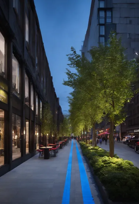 (tactical urbanism:1.1,pedestrian street,blue bike lane,various pedestrian crossings,tree planting,urban furniture,lights,vibrant colors,modern design)