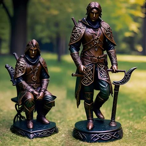 RPG Model,CeltPunkAI , Bronze figurine , ember ((solo)) Dressed in a gothic black coat below the knees , sitting on a park bench , You can see his serious and thoughtful look , A gilded cane can be seen in his hand , Front light.