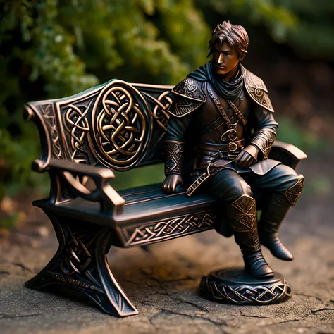 rpg model,celtpunkai , bronze figurine , ember ((solo)) dressed in a gothic black coat below the knees , sitting on a park bench...