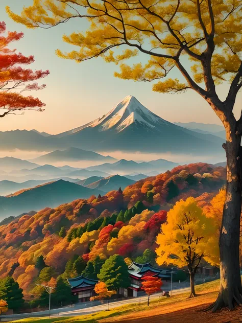 Autumn in Korea, The trees are green, Yellow & Red, Mountains in the distance