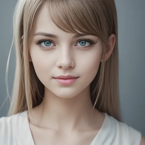 Lovely photorealistic portrait of a girl, A Mysterious Look, Cold palette, Blue, White & gris, natural paleness,, ssmile, Cautious Facial Features, The Perfect Girl