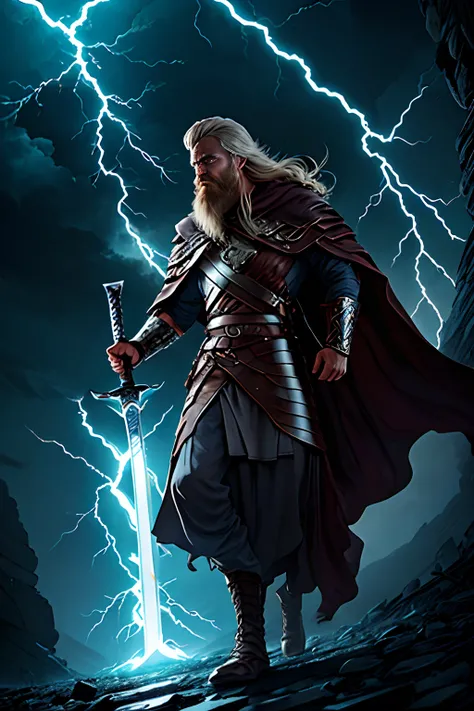 Handsome viking hunk, blond, long hair, beard, looking at viewer, rugged, armor, loincloth, tattooed torso, majestic flowy cloak, amazing sunrise landscape background,((Outstanding、Professional、Surreal)、Detailed white silver sword, Metallic magical texture...