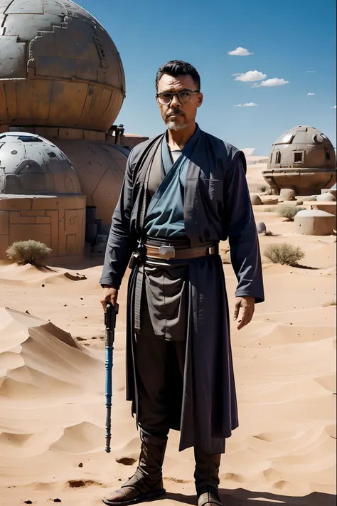 guttoepic2, create a magazine cover illustration of a bespectacled man wearing the attire of a jedi knight from the 'star wars' ...