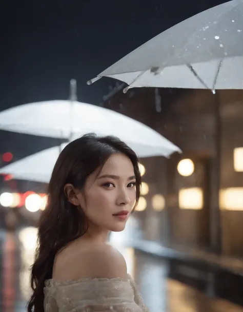 asian female、Technocut、Portrait, 1 Female silhouette, (holding a white umbrella) , neon light, Urban reflection, raindrops, Wet pavement, Misty, Highly detailed face, Sharp Focus, cinematic shot, Cinematic lighting, Best Quality, nffsw, Raw photo, Film gra...