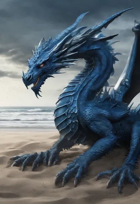 Blue Dragon, on the beach, lying and injured, axe, blue eyes