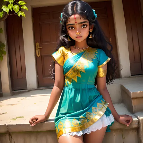 A 12-year-old Sinhala Sri Lankan girl wore a short dress, Sri Lankan face, beautiful