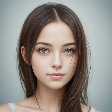 Lovely photorealistic portrait of a girl, A Mysterious Look, Cold palette, Blue, White & gris, natural paleness,, ssmile, Cautious Facial Features, The Perfect Girl