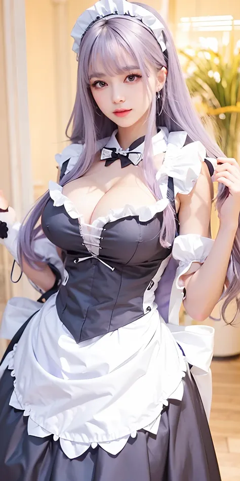 1girl,big breast,silver purple hair,maid dress,ultra detailed