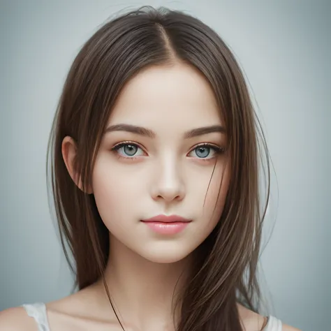 Lovely photorealistic portrait of a girl, A Mysterious Look, Cold palette, Blue, White & gris, natural paleness,, ssmile, Cautious Facial Features, The Perfect Girl