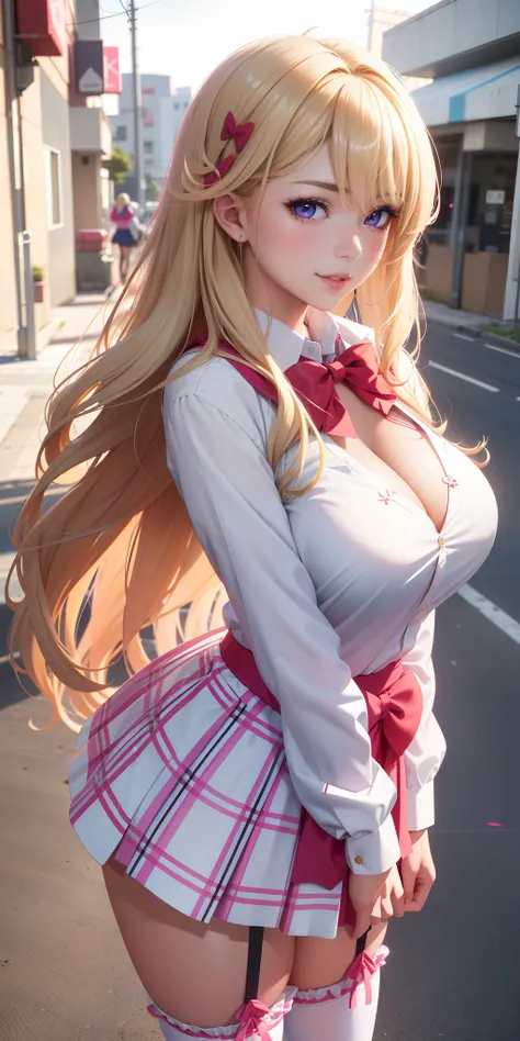 big voluminous breasts ((Sexy Girl Gyaru)) ((long blonde hair, red bow)) ((light purple eyes, light effect on eyes)), cleavage, Sexy school uniform, long sleeves, cowboy shot, panties shows, pink panties with floral print, plaid skirt, up skirt, micro skir...