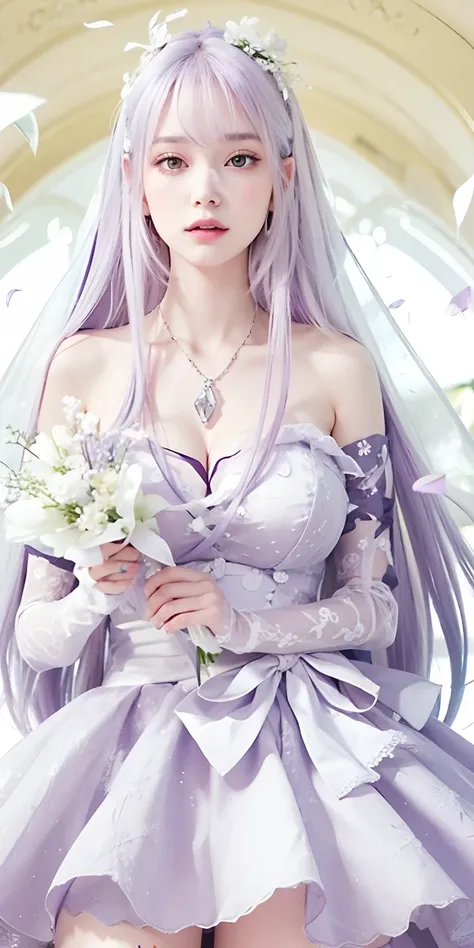 1girl, Big breast,silver purple hair,long hair,white wedding dress,holding a flower,ultra detailed