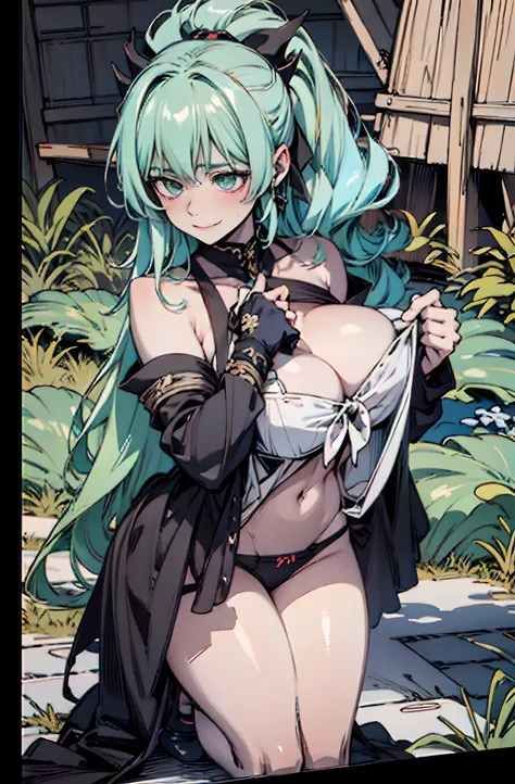 Pure sky，Plump legs，Green gem setting，Anime girl standing gracefully on the ground，Black cape and green hair, rogue anime girl, Anime girl standing, Wearing a cloak on the blasted plain, asuka suit under clothes!, Cyborg girl, badass posture, mechanic punk...