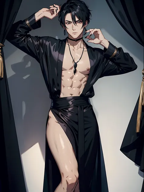 anime sexy man in a black silk robe, dangling earrings, necklace, black polish nails, curtains