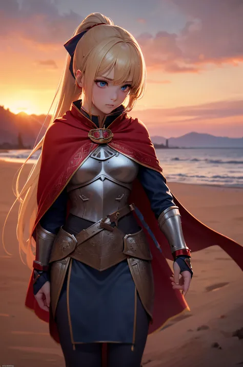 (best quality,4k,8k,highres,masterpiece:1.2),ultra-detailed,(realistic,photorealistic,photo-realistic:1.37),medieval setting, woman, blue eyes, blonde hair, ponytail with a red ribbon and sidebangs, red-white amazon armor, cape, sunset, eerie atmosphere, p...