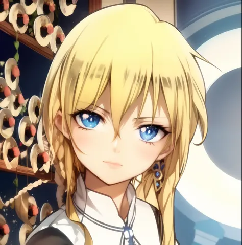 anime image of a blonde haired girl with blue eyes and a white shirt, anime girl named lucy, artoria pendragon, rei hiroe, neferpitou, rin, hana yata, anime character, anime portrait of shiina ringo, anime visual of a young woman, hannah yata, anime style”...