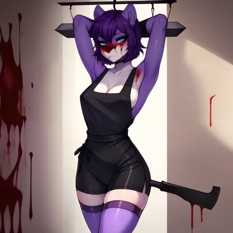 Solo:1.3, by claweddrip, by fumiko, by hyattlen, kaori, anthro purple squirrel girl, blue eyes, small purple tail, mature, wearing leather shorts, white tank top, black bloody apron, clothes covered in blood, black bloody gloves, body and face covered in b...