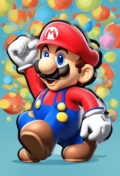 (Mario), design de personagens, Nintendo Super Mario, (olhos azuis, red hat, terno vermelho, blue suspenders, luvas brancas, )super bonito estilo caixa cega, Chibi, corpo inteiro, exaggerated expressions and actions, fundo limpo, Destaques iridescentes bri...