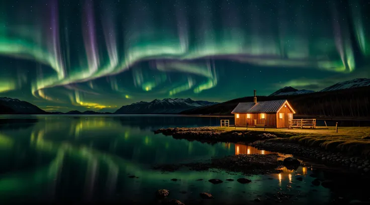 A mesmerizing display of the aurora borealis over a Nordic fjord, the colorful lights reflecting in the calm waters, remote cabins along the shore, a sense of peaceful solitude and connection with nature, Photography with a telephoto lens, f/2.8, 70-200mm