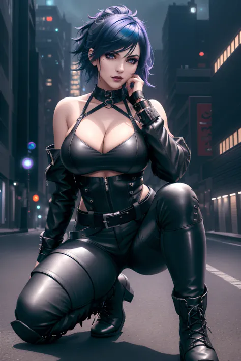 beautiful girl, full body, short bright blue dishevelled hair, black eyeshadow, (street style wear:1.2), ((tight fitted leather pants)), ((knee high leather boots)), (deep cleavage), (extremely dark night-time city background:1.2), dark makeup, digital art...