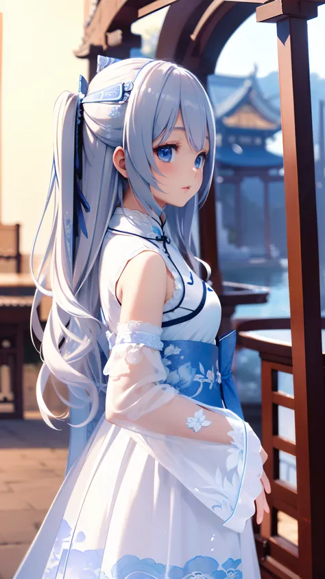 ((Best quality)), ((Masterpiece)), ((Ultra-detailed)), (illustration), (Detailed light), (An extremely delicate and beautiful),A charming young girl,White long hair,Blue sky,(Chinese Garden),The sword floated behind his back