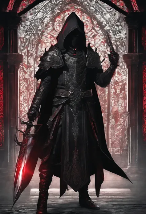 Priest Warrior, his two hands are holding two great dark blades that scrap the floor, full body, dark fantasy style, Clothes and armor dyed in black, with a hood thats masking his face, 2 red lights coming from his eyes, the sunlight comes from the backgro...