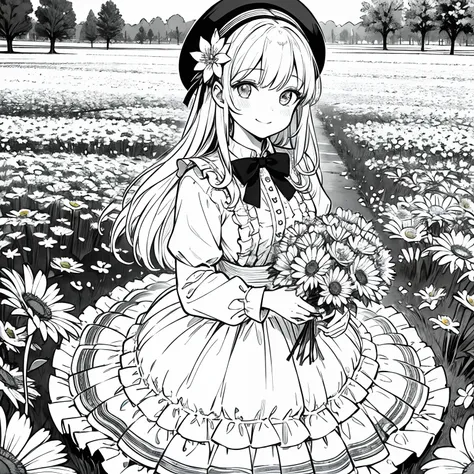 masterpiece, best quality, 1girl, solo, long_hair, looking_at_viewer, smile, bangs, skirt, shirt, long_sleeves, hat, dress, bow, holding, closed_mouth, flower, frills, hair_flower, petals, bouquet, holding_flower, center_frills, bonnet, holding_bouquet, fl...