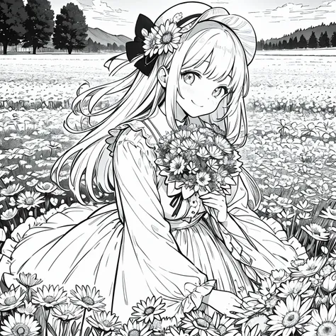 masterpiece, best quality, 1girl, solo, long_hair, looking_at_viewer, smile, bangs, skirt, shirt, long_sleeves, hat, dress, bow, holding, closed_mouth, flower, frills, hair_flower, petals, bouquet, holding_flower, center_frills, bonnet, holding_bouquet, fl...