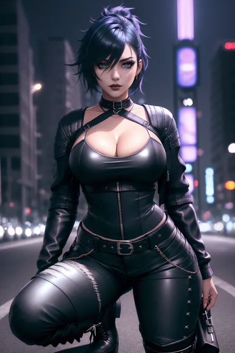 beautiful girl, full body, short bright blue dishevelled hair, black eyeshadow, (street style wear:1.2), ((tight fitted leather pants)), ((knee high leather boots)), (deep cleavage), (extremely dark night-time city background:1.2), dark makeup, digital art...