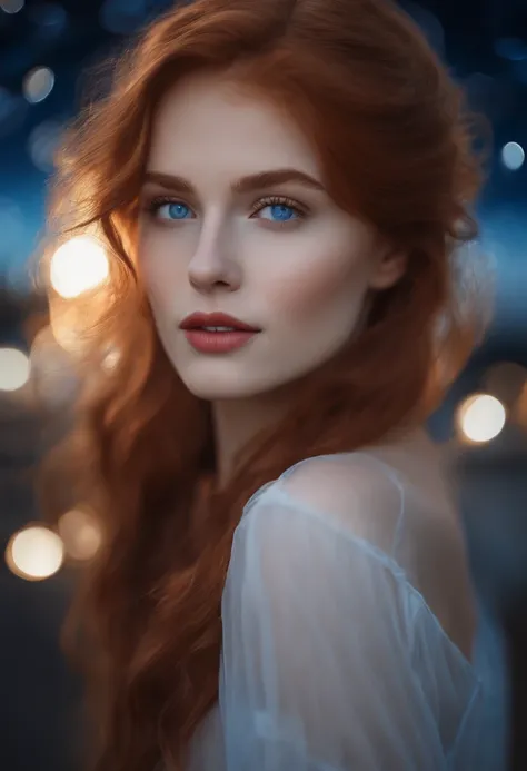 White redhead girl blue eyes on the street starry sky with moon