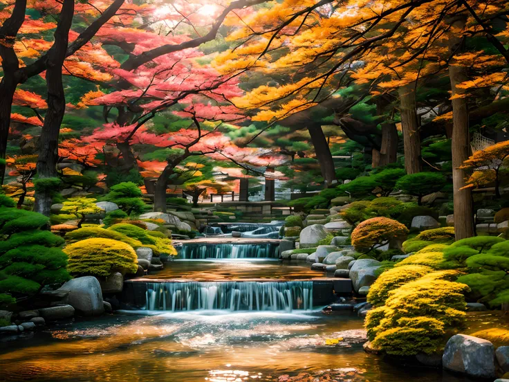 Nikko, Sunlight, garden, pavilion, Running Water Korean Style, Anime Effect, Artistic Effect, Super Meticulous, autumn season, The trees are green, Yellow & Red, Meticulous,