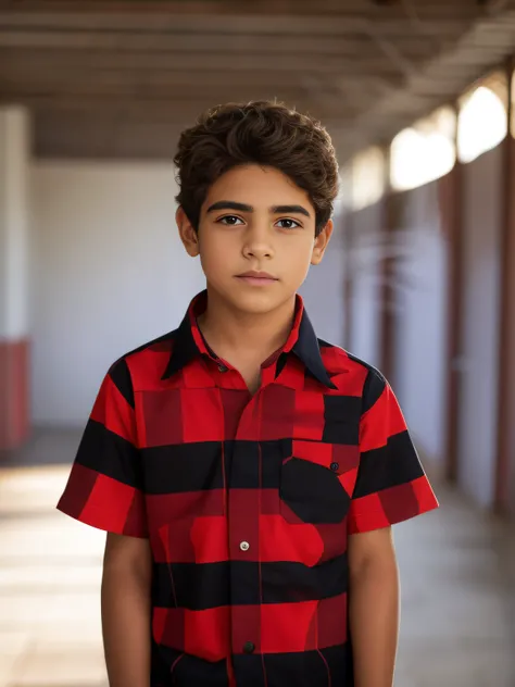 Menino de camisa vermelha e preta parado em um corredor, menino tem cabelo preto curto, menino novo, Retrato no meio da foto, Asher Duran, foto de retrato em close-up, Riyahd Cassiem, Condutor de Ene, Foto em estilo de Tyler Mitchell, foto de retrato detal...