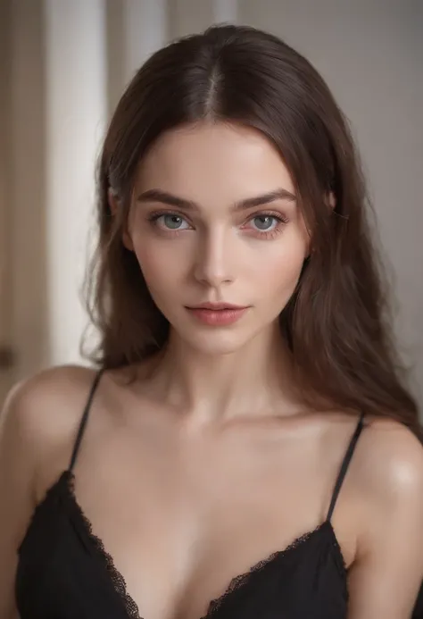 Arafed woman with black clothes, fille sexy aux yeux bruns, Portrait Sophie Mudd, cheveux bruns et grands yeux, selfie of a young woman, Yeux de chambre, Violet Myers, sans maquillage, maquillage naturel, looking straight at camera, Visage avec Artgram, Ma...