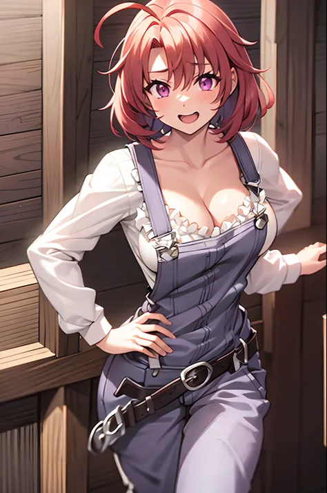 cow girl, ahoge, red hair, (purple eyes:1.1), short hair,
cleavage, collarbone, frills, long sleeves, overalls, suspenders,