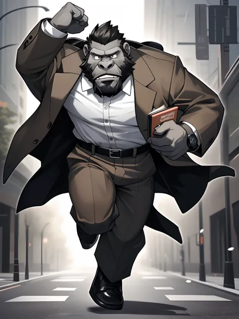 an anthro furry bara grey/black-ish gorilla with grey face and a full beard and mustache wearing a brown suit, a plain white shirt underneath the suit’s coat, a watch and a backpack, running fast holding books looking nervous, dynamic running pose, slightl...