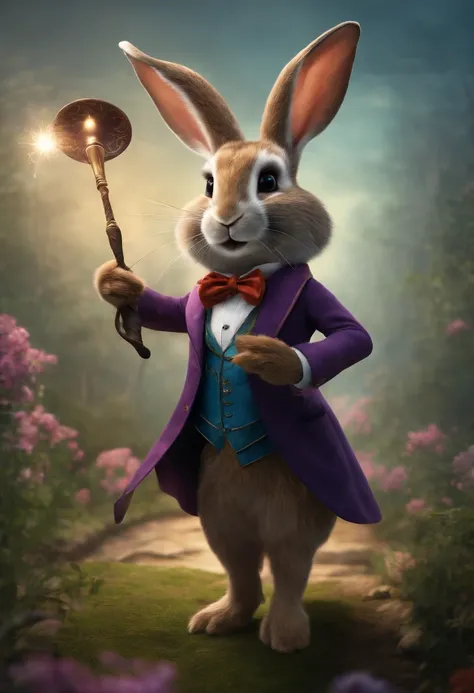 Rabbit dressed as a magician. Realist.  And he carries a wand. .obvious . 8k . full portrait. The rabbits appearance completely. Detail of the full image.Full image of the rabbit