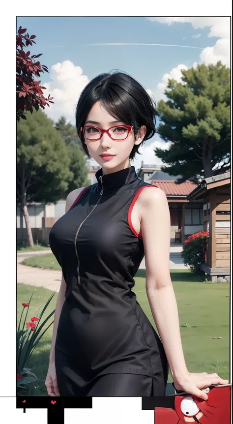 1girl, uchiha sarada in anime boruto, short hair, black hair, red eyes, smile, beautiful, sexy dress, sexy clothes, red clothes, wear red glasses, very big breast, realistic clothes, detail clothes, outdoor background, ultra detail, realistic