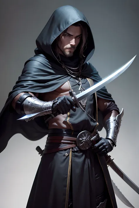 A man in a cloak with a hood draped over his head, a cowboy, Male sculptural hero, The Mysterious Man, in black clothes and a cape, Two knives lie side by side on a black surface, Double Swords, Double Swords, two swords, Clear rendering, Sword design, Mul...