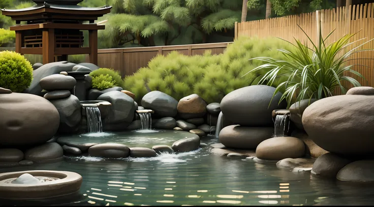 zen garden with water fountain with bamboo and flower, water falling from the bamboo spout with black stones around a sheet of water and blurred green background