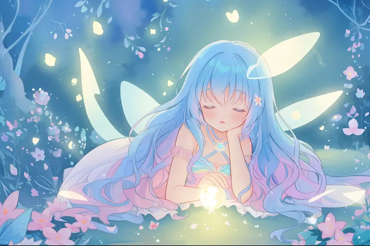 beautiful girl in fairy dress made of flower petals, beautiful fairy queen surrounded by colorful tiny pixies and fairies, glowing tiny fairies, (glowing fairy wings), glowing flowing ballgown, long wavy hair, sparkling fairy wings, watercolor illustration...