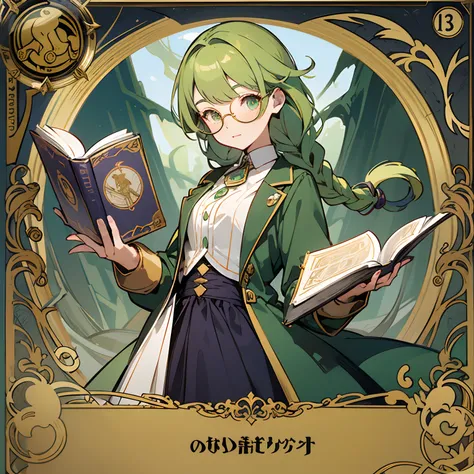 (tmasterpiece, best qualtiy)A detailed，Character sheet, Lots of items（The same person，preppy outfit，round frame glasses，nerds，magic book，tarot cards) ，sorceress woman，Nice golden eyes，Algae green hair，By bangs，Twist braids，be full of details