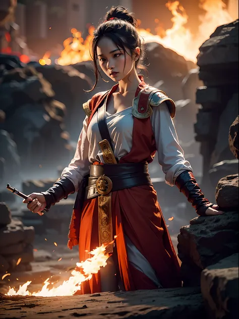 a female warrior smoking in middle of the war, war scene, fire everywhere, dead bodies spread everywhere, smoke bombs, red sky, ...