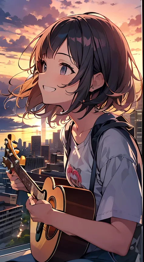 masutepiece, Best Quality,Illustration, Wallpaper, Ultra Detail, absurderes, 16 year old girl, Solo, (Medium short hair、plays the guitar、Face smile、Overlooking the city from the top of the hill、The sunset is beautiful