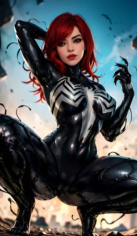 4K，realisticlying，Glamorous，The is very detailed，There is a girl in Dingcheng，Red hair，Wearing a black Spider-Man costume，（Black and white：1.4） the night,symbiote，venomize，a large amount of mucus,she is a spiderman，Black superhero theme，In front of the sky...