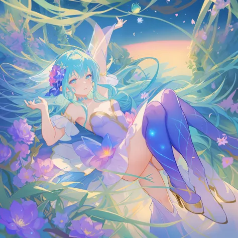 beautiful girl in fairy dress made of flower petals, beautiful fairy queen surrounded by colorful tiny pixies and fairies, glowing tiny fairies, (glowing fairy wings), glowing flowing ballgown, long wavy hair, sparkling fairy wings, watercolor illustration...