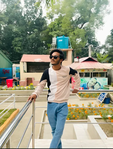 araffe man in sunglasses and a pink shirt standing on a railing, with a cool pose, candid picture, assamese aesthetic, stylish pose, very artistic pose, taken in zoo, mohamed chahin style, cool pose, jayison devadas style, in sunny weather, at college, ver...