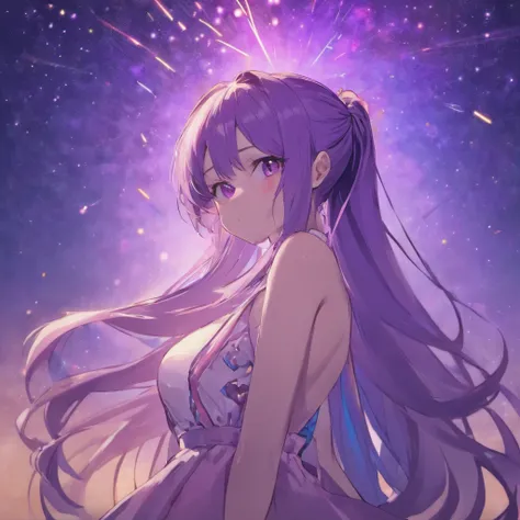 ​masterpiece、top-quality、Movie stills、女の子1人、stars on sky、More than 20 colored stars、Colorful stars、a closeup、with light glowing、Happiness、Warm and soft lighting、the setting sun、(Spark:0.7)Eyes are purple,purple color  hair、Hair color is purple,Long hair,Bu...