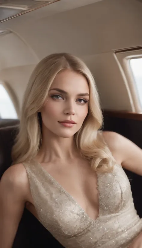 magnifique blonde, Sitting in a private jet, avec un corps parfait, Expensive dress, Champagne in hand, longs cheveux blonds, gros seins, yeux bleus, High Details, photoreallistic