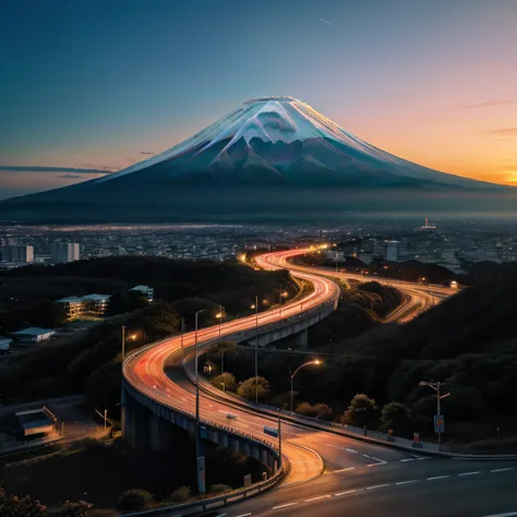 (ultra-detalhado,Realistic:1.37),Monte Fuji,Japan Highway,Sunset,estrada sinuosa,cores vibrantes,majestoso,Pitoresco,Fujiyama ao entardecer,Pico Imponente,sereno,Splendid view,shine sky,Contraste,silhueta distante ,scenic beauty