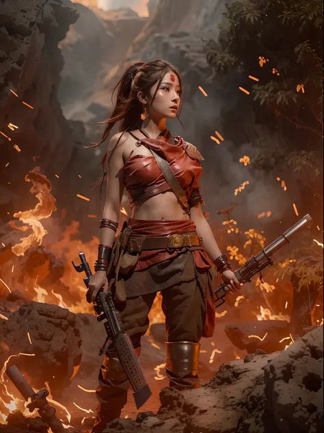 A female warrior smoking in middle of the war, war scene, fire everywhere, dead bodies spread everywhere, smoke bombs, red sky, background dark red, shinning and glowing effects, very extreme detailed, cover every detail part, 24K UHD graphics